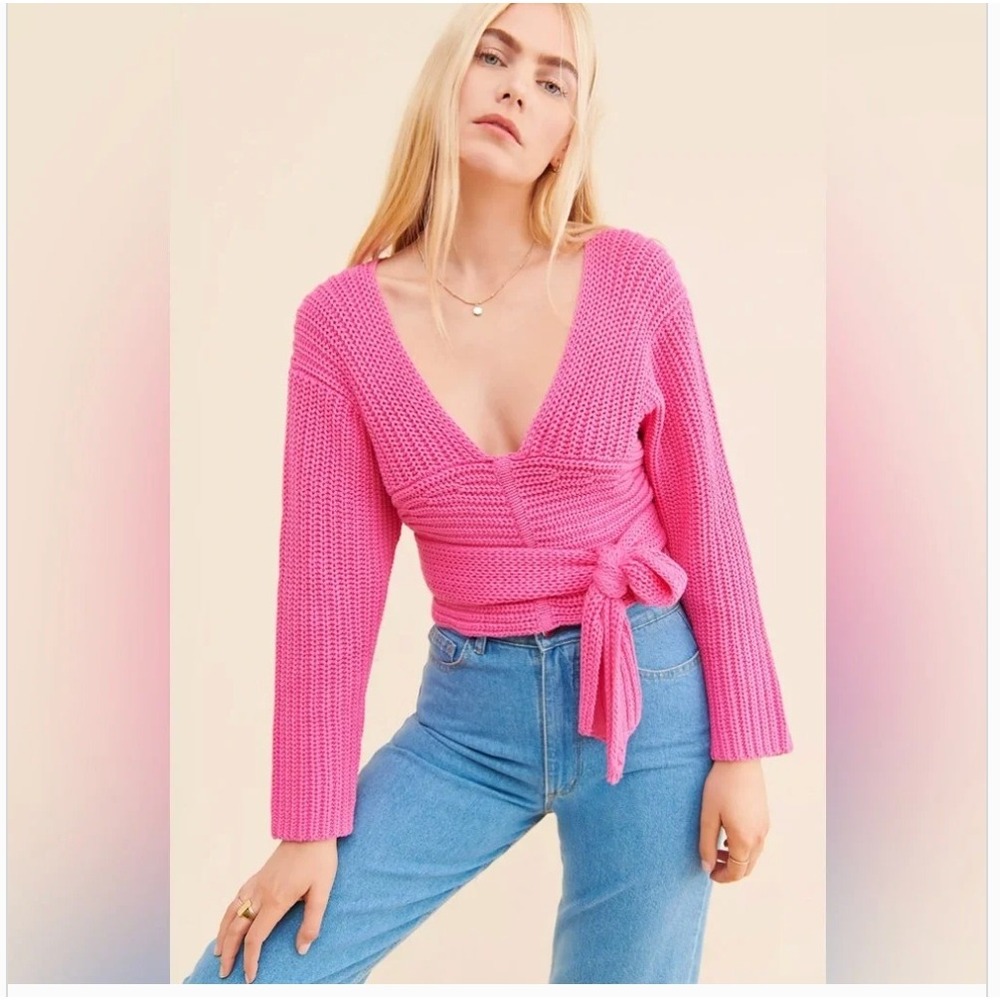 ATOIR Perfect Game Knit Hot Pink Cotton Wrap Sweater V-Neck Cropped Pink US 6 M